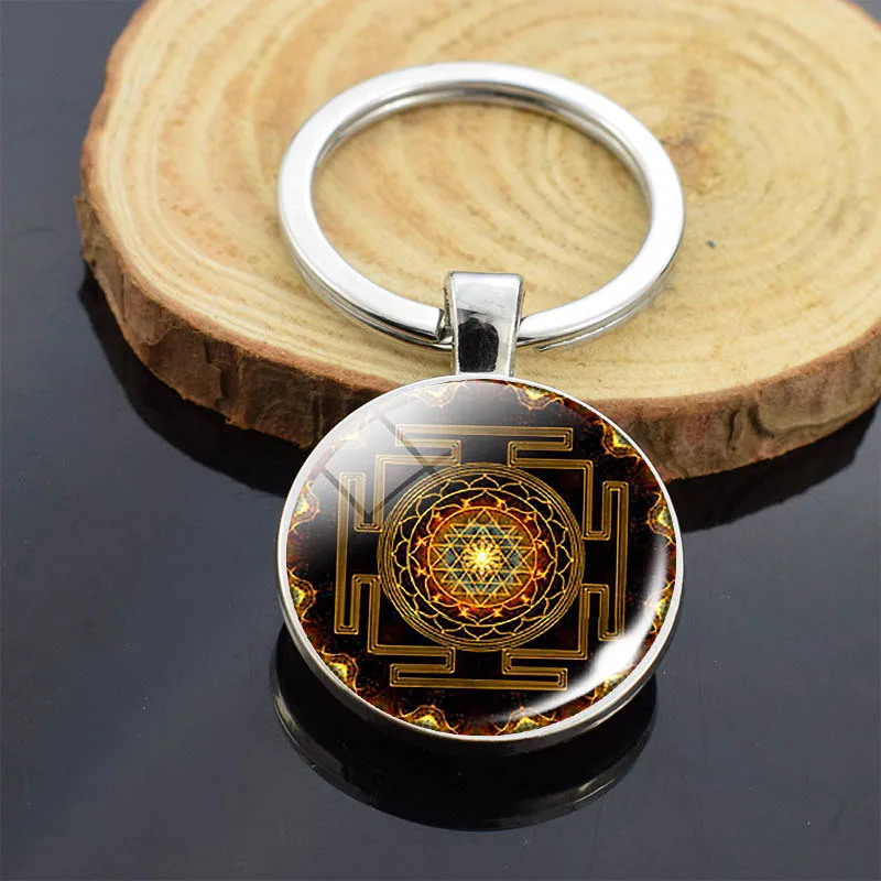 Мода Sri Yantra Мандала узор Двусторонняя бижутерия со стеклянными кабошонами подвеска буддиста брелок ручной работы для женщин мужчин индийские подарки