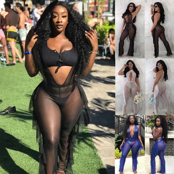 

Imcute Sexy Mesh Bikini Cover Up Women One Piece Jumpsuit 2019 New Bandage Solid Beach Outwear Suit Summer Ruffles Bathing Suit