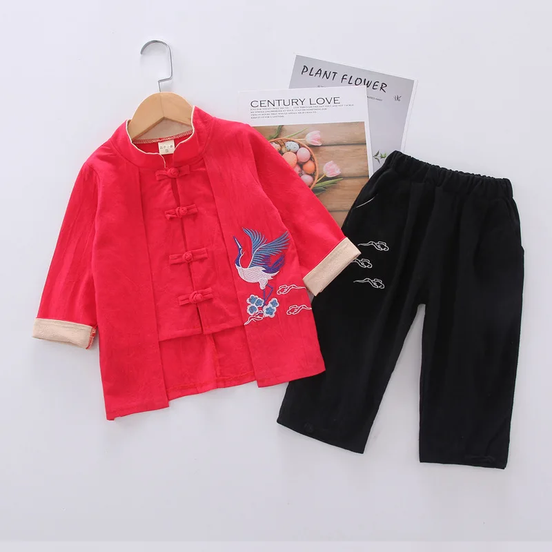 Baby Boy Hanfu Clothes Chinese Style Costume Embroidered Cardigan Coat+ Pants Two Piece Infant Clothing Kids Bebes Outfits - Цвет: Красный