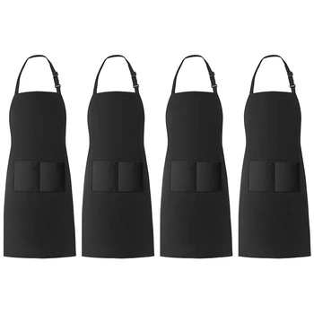 

4 Pack Bib Aprons with 2 Pockets Home Kitchen Restaurant Chef Cooking Adjustable Apron for Women Men (Black)