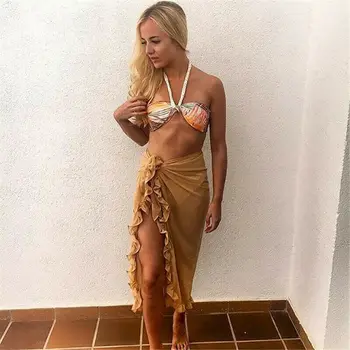 

2019 Solid Fashion Women Sheer Sarong Beach Cover Up Wrap Lady Bikini Swimwear Bathing Maxi Skirt