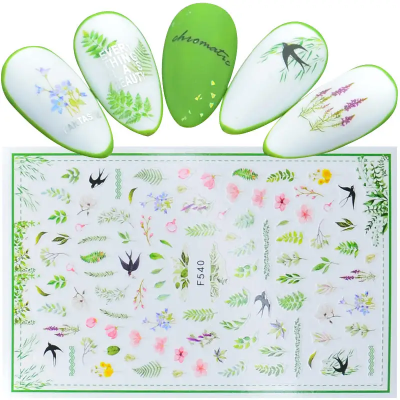 

2023 Spring Green Leaf Swallow Nail Sticker Art Flower Decals Back Glue Love Sticker for Manicure Color Design Sticker for Nails