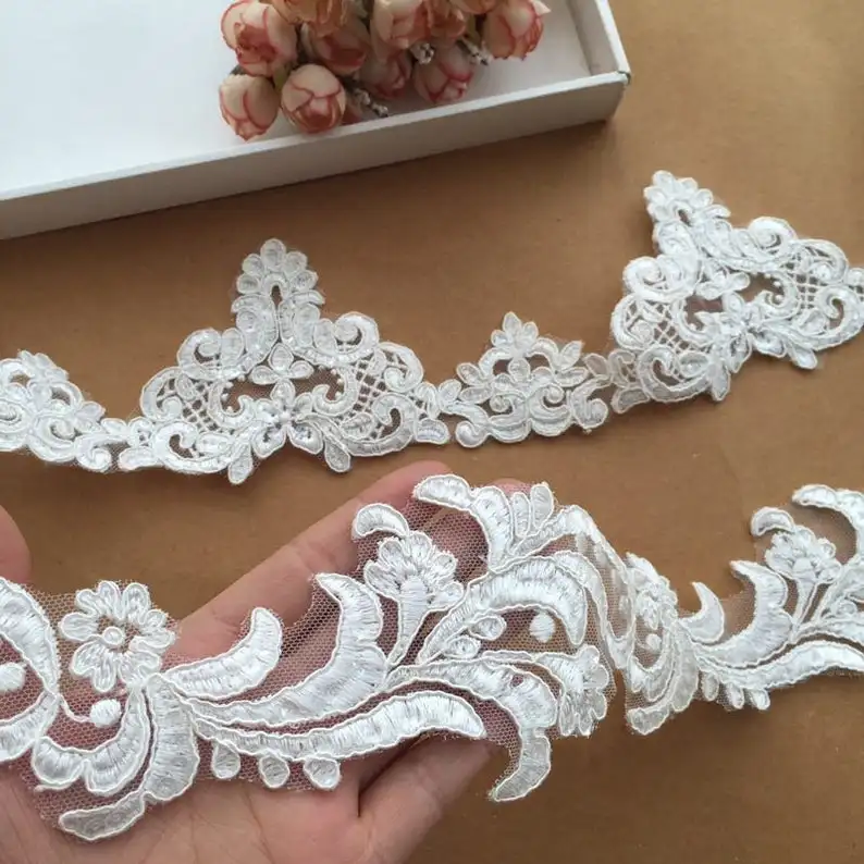 

Milky Sequins Alencon Lace Trim , Wedding Veil Lace, Corded Bridal Gown Lace Trim, Bridal Dress Straps By The Yard