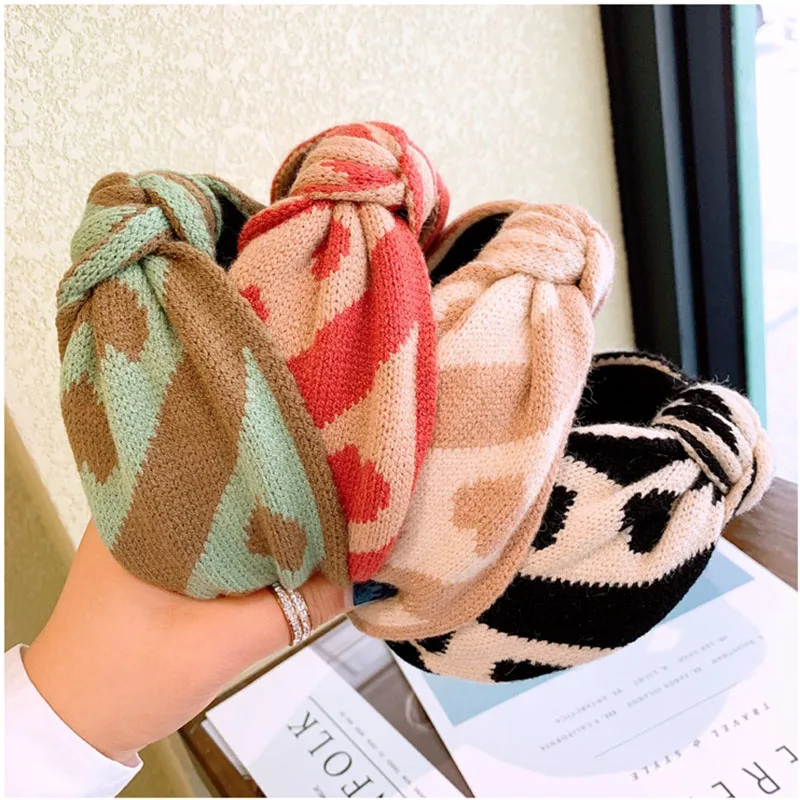 Корейская кашемировая шерстяная вязаная повязка на голову для женщин широкая боковая повязка на голову узел посередине с геометрическим принтом повязка на голову теплая повязка на голову