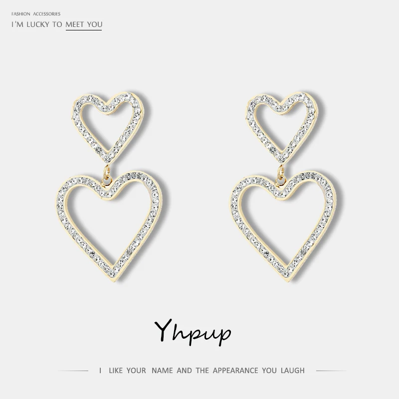 

Yhpup Trendy Brand Temperament Heart Dangle Earrings Rhinestone Charm Stainless Steel Dangle Earrings for Women Jewelry Gift New