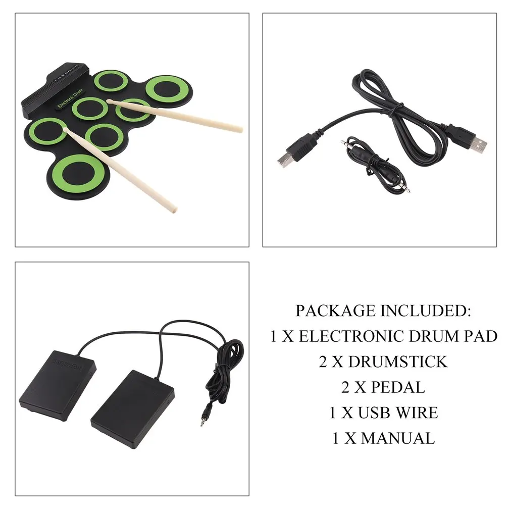 

Portable Electronic Drum Digital USB 7 Pads Roll up Drum Set Silicone Electric Drum Pad Kit With DrumSticks Foot Pedal G3002A