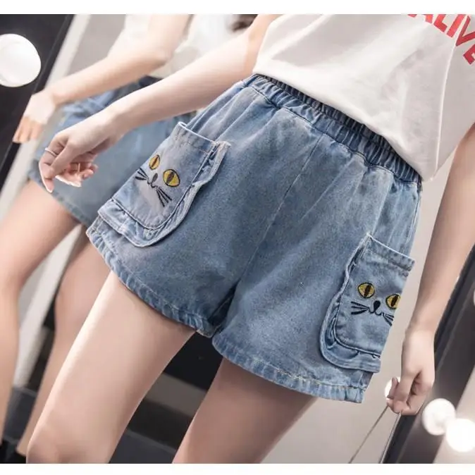 S-5Xl, Kawaii, джинсы с вышивкой в виде кота, женские джинсы с карманами размера плюс, широкие джинсы, шорты с высокой талией, джинсовые штаны