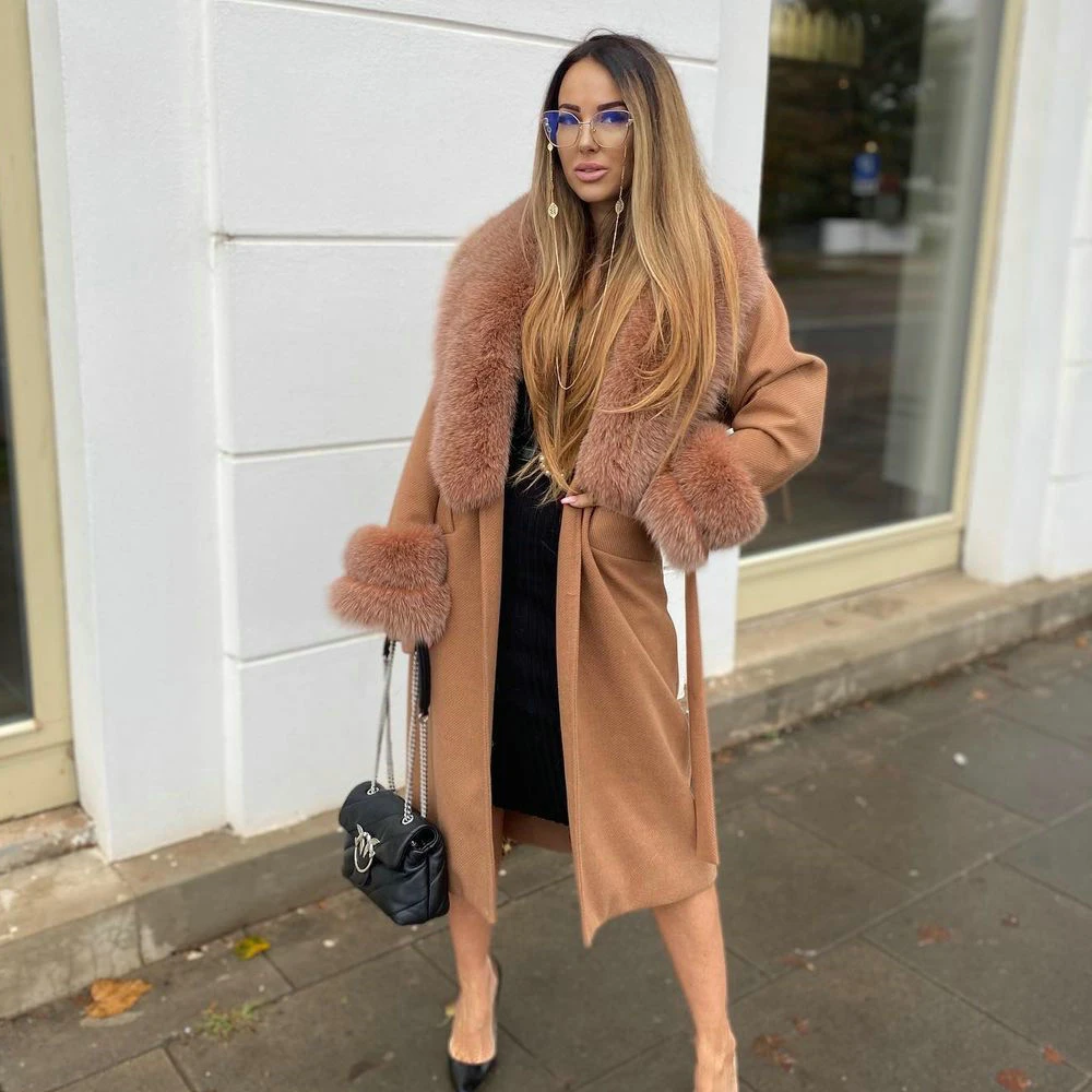 Women Winter Long Wool Blends Coat with Fox Fur Collar Thick Warm Winter Fashion Fur Ovrercoat Genuine Fox Fur Cashmere Coats