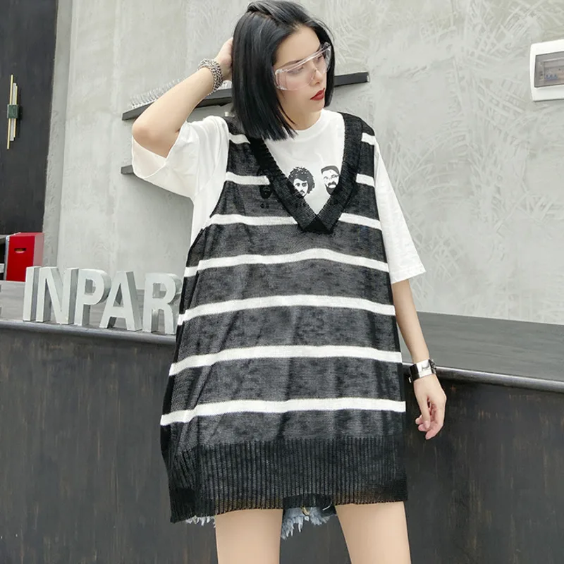 XUXI 2020 Vest Knitted Female Wear Summer Thin Loose Medium And Long Size Fat Mm Striped T-shirt Sleeveless V-neck Top FZ1564 | Женская