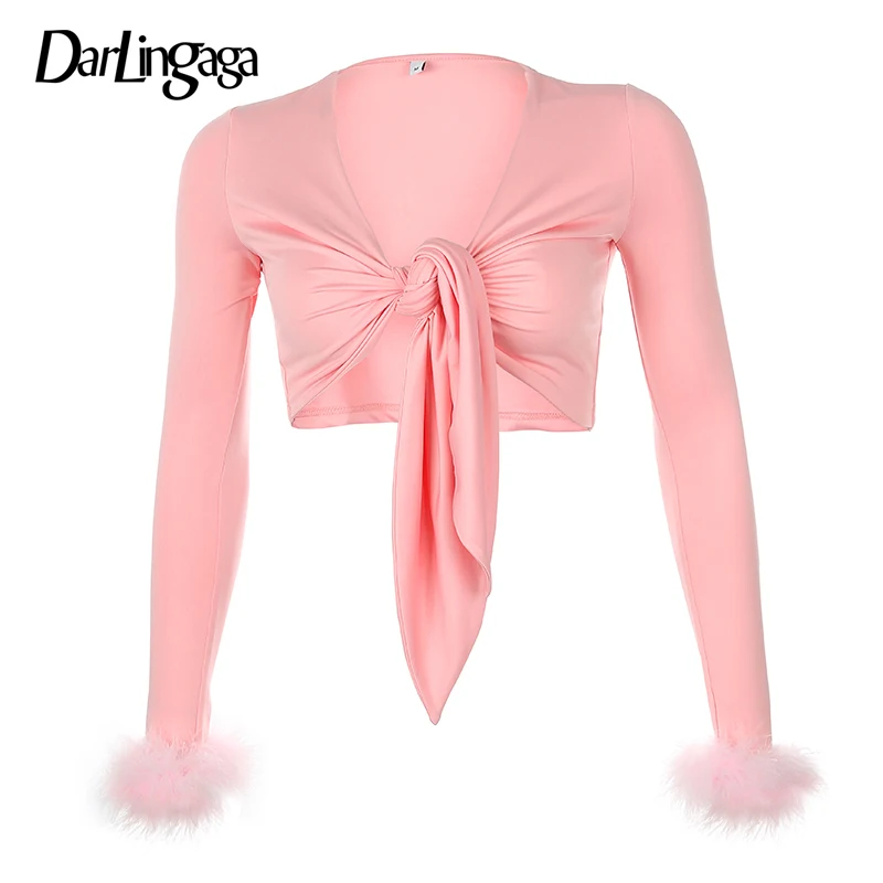 Darlingaga, v-образный вырез, розовая, на шнуровке, Сексуальная футболка, модная, длинный рукав, перо, Осенние футболки для женщин, короткий топ, футболка, Femme - Цвет: Pink
