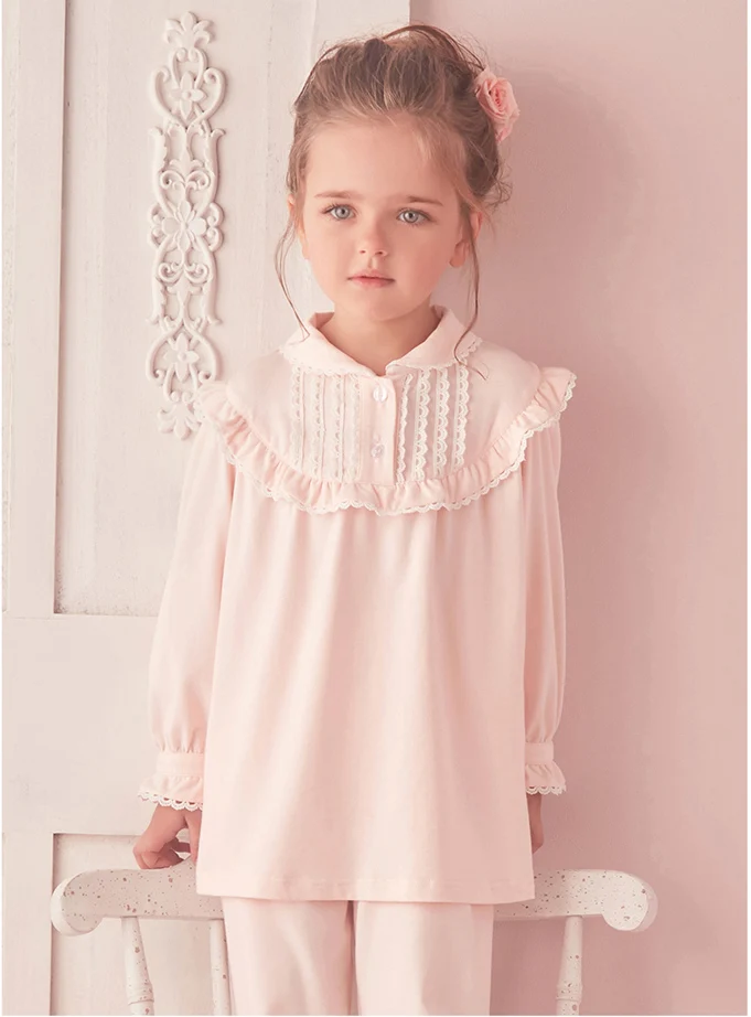 elegant pajama sets Children Girl's Lolita Pink Pajama Sets.Turndown Collar Tops+Pants.Vintage Toddler Kids Pyjamas set.Royal Style Sleep Loungewear best nightgowns