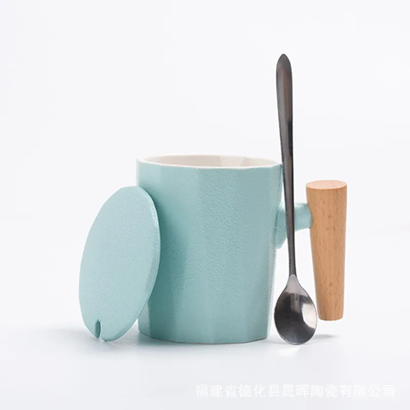 Blue ceramic cover 350 мл керамическая чашка с деревянной ручкой, кружка, простая чашка для воды, чашка для молочного кофе, ложка с крышкой - Цвет: Blue ceramic cover