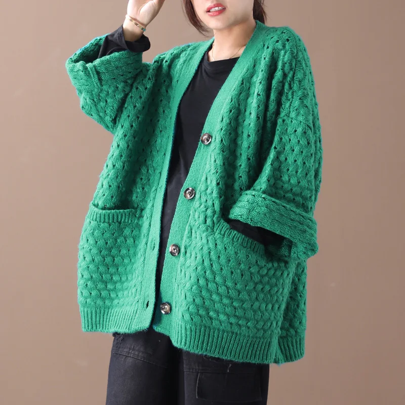 ^Cheap OriginRetro Women Long Sleeve Solid Sweater Casual Loose Cardigan TopsV-Neck Single-Breasted Hollow Out Knitted Sweaters