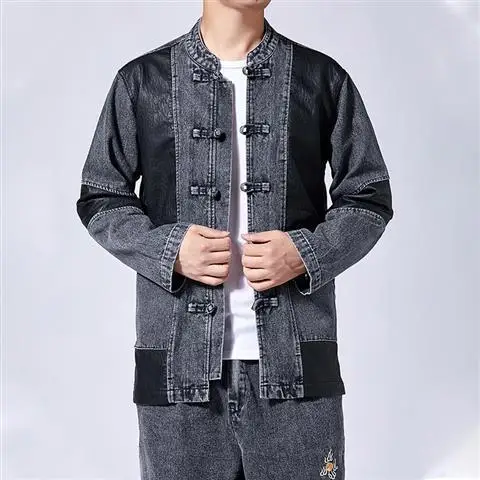 

Chinese Style Denim Jean Jacket Men's Youth Large Casual Stand Collar Retro Embroidery Tang Suit Casual Streetwear Clothes Coat