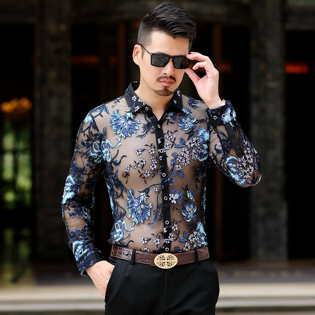  inlzdz Camisa de manga larga con botones para hombre, estilo  club nocturno, sexy, de malla, transparente, ropa de club, Negro - : Ropa,  Zapatos y Joyería