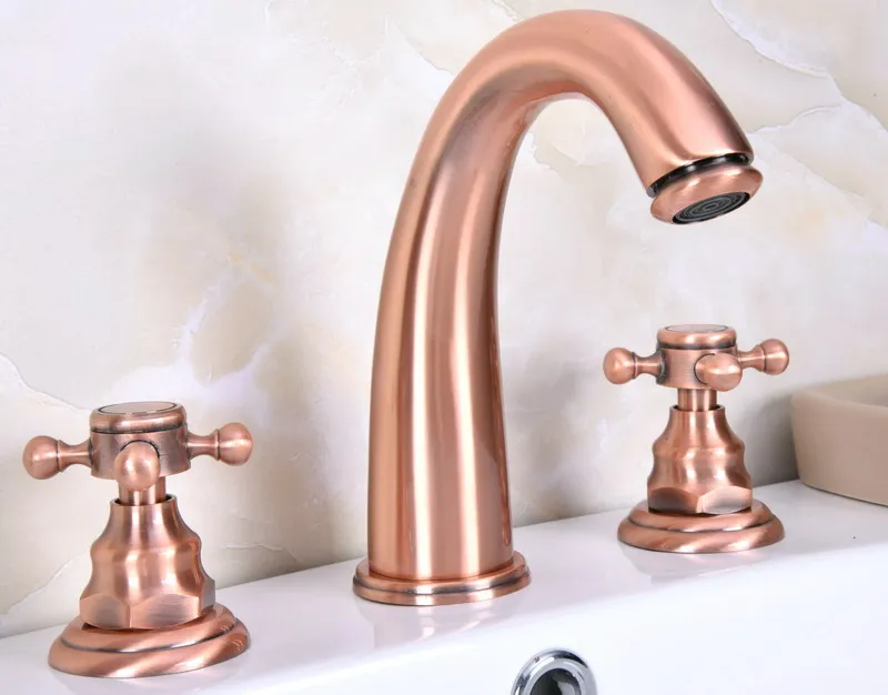 Antique Red Copper Widespread Basin Faucet Dual Handle Bathroom Sink Mixer Tap 3 Holes Hot and Cold Water Lavatory Taps | Обустройство