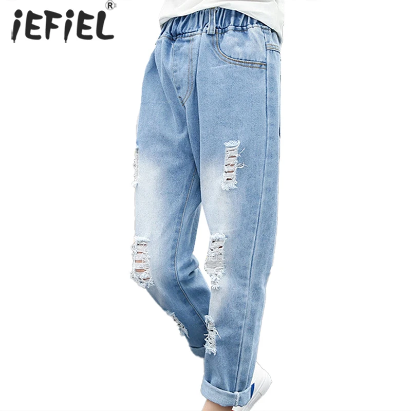 

Kids Denim Trousers Children's Clothing Korean Fashion Elastic High Waist Jeans Slim Hole Ripped Pants for Teen Girls 3-12Yrs