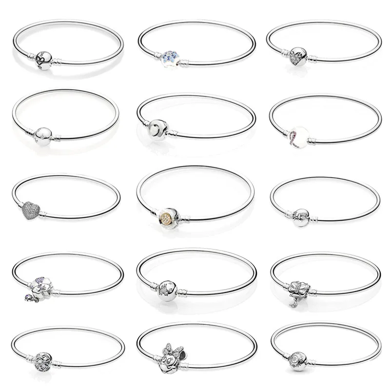 

925 Sterling Silver Pans Signature Bangle Original with Minnie Butterfly Clasp for Women DIY Bead Charm Bracelet Jewelry Gift