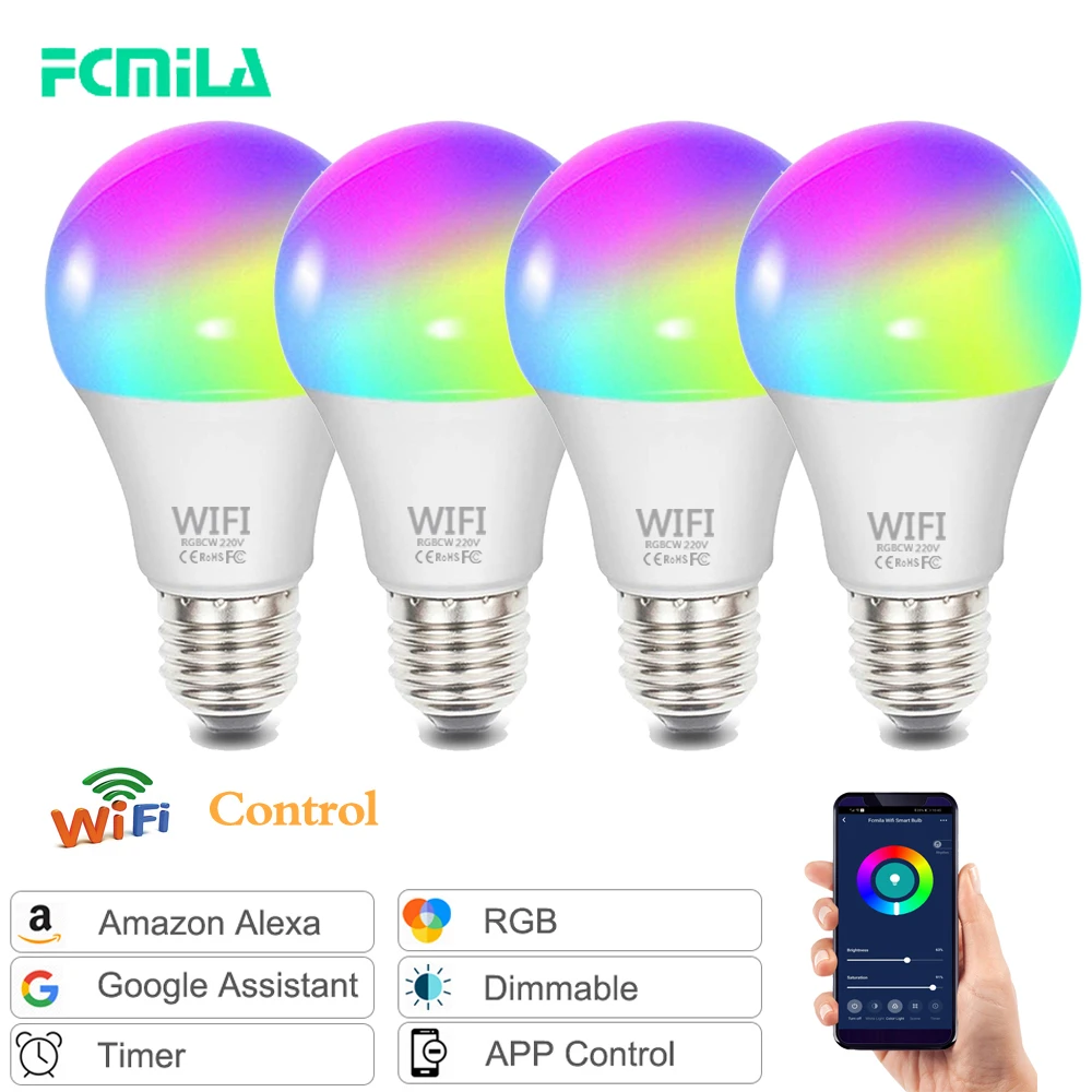 LED Wifi Smart Light Bulb Dimmable RGB+W Lamp E27 E26 B22 For Alexa Google 