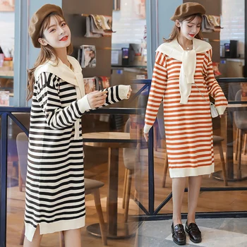 

Women Maternity Hooded dress Knitted Striped Nursing Dress For Breastfeeding With Hooded Sweatshirt Feeding dress Autumn Winter