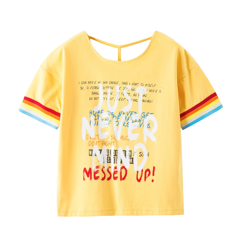 Girls Clothes Short Sleeve T-shirt Cotton Yellow Tops Printed Letters Kids Shirts Children's Clothing Cotton Round-collar - Цвет: Цвет: желтый