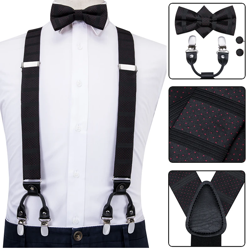 Hi-Tie шелк Мужские подтяжки галстук бабочка hanky запонки Набор Кожа Металл 6 зажимы подтяжек винтажные Черные Эластичные подтяжки для мужчин