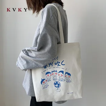

2020 Canvas Shopping Bags Women's Single Shoulder Japanese Cartoon Cute Travel To Work Ins Students Ulzzang Bag Trend Beach Bags