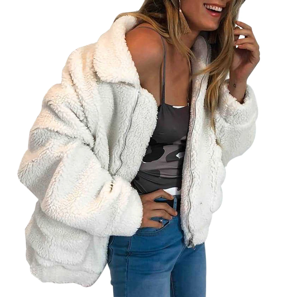 NIBESSER, женская модная плюшевая флисовая куртка на молнии с отворотом, свободное осенне-зимнее пальто из искусственного меха, теплая однотонная женская верхняя одежда, уличная одежда - Цвет: white