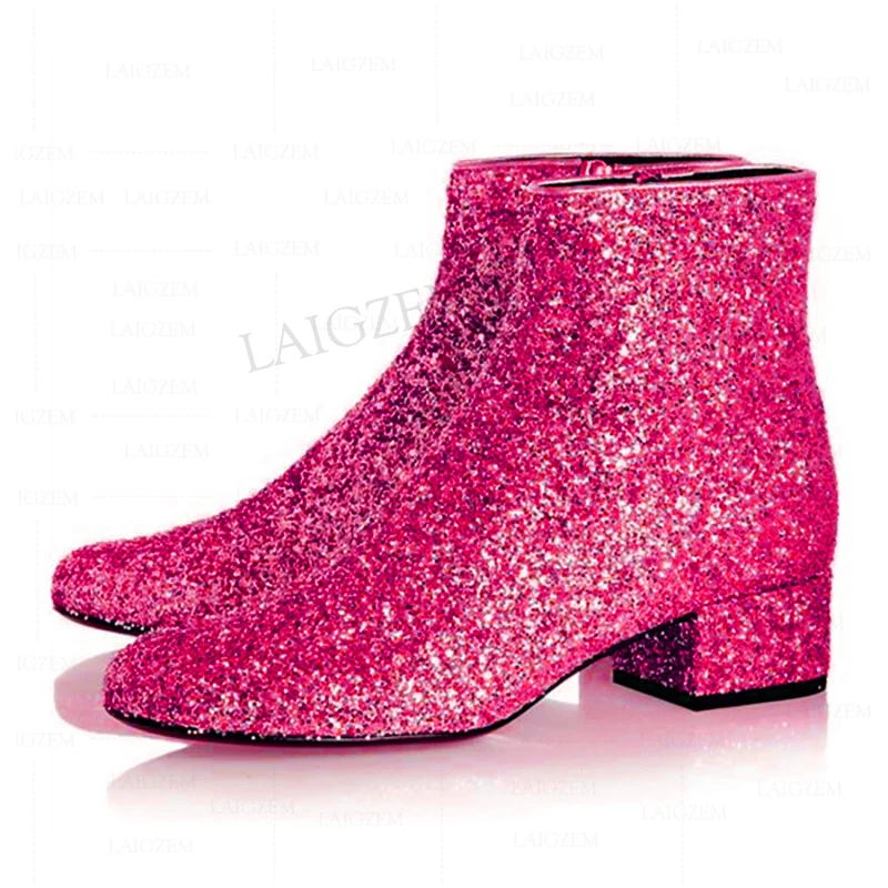 

SEIIHEM Women Ankle Boots Mid Block Boots Bling Glitter Side Zip Ladies Cosplay Shoes Woman Sapato Feminine Big Size 43 44 47 52