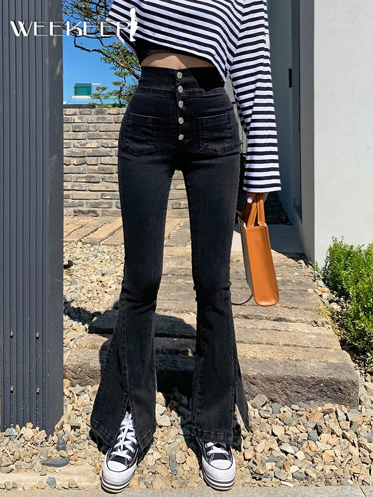 Weekeep Bootcut Jeans Fashion Single Breasted High Waist Slim Fit Jeans  Women Streetwear Split Bodycon Black Denim Pants Korean - Jeans - AliExpress