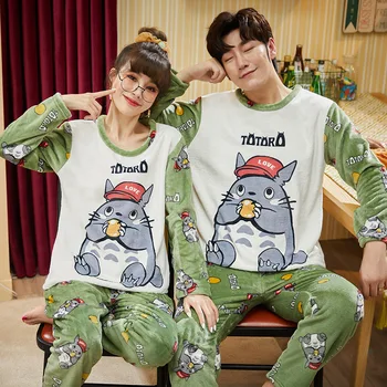 

Winter New Long Sleeve Women Pajamas Set Warm Cartonn Print Flannel Pajama Couple Coral Velvet Sleep Wear Pyjamas 2Piece Set