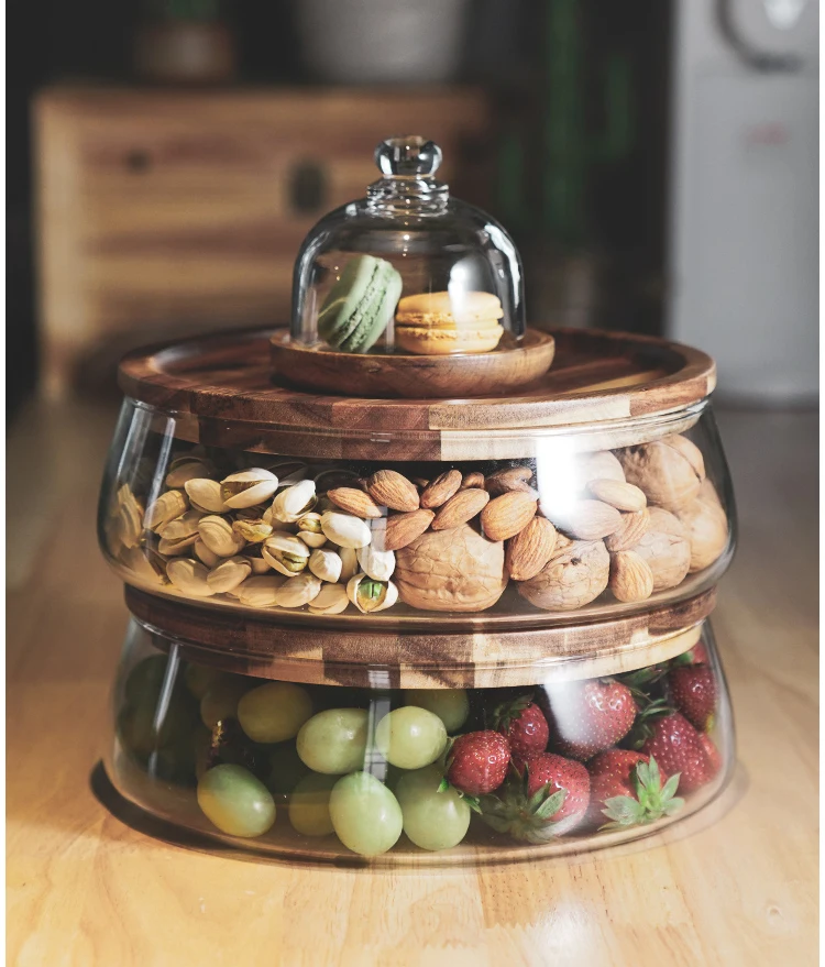 Transparent Glass Stylish Borosilicate Fruit Bowl With Real Bamboo Top - 7.9Inch