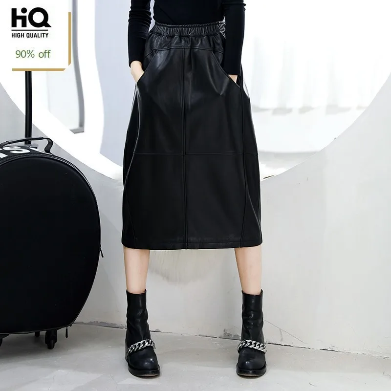 

2020 Winter Autumn Black Genuine Leather Mid Long Skirts Elastic Waist A-Line Lantern Sheepskin Skirt Big Pockets Faldas Mujer