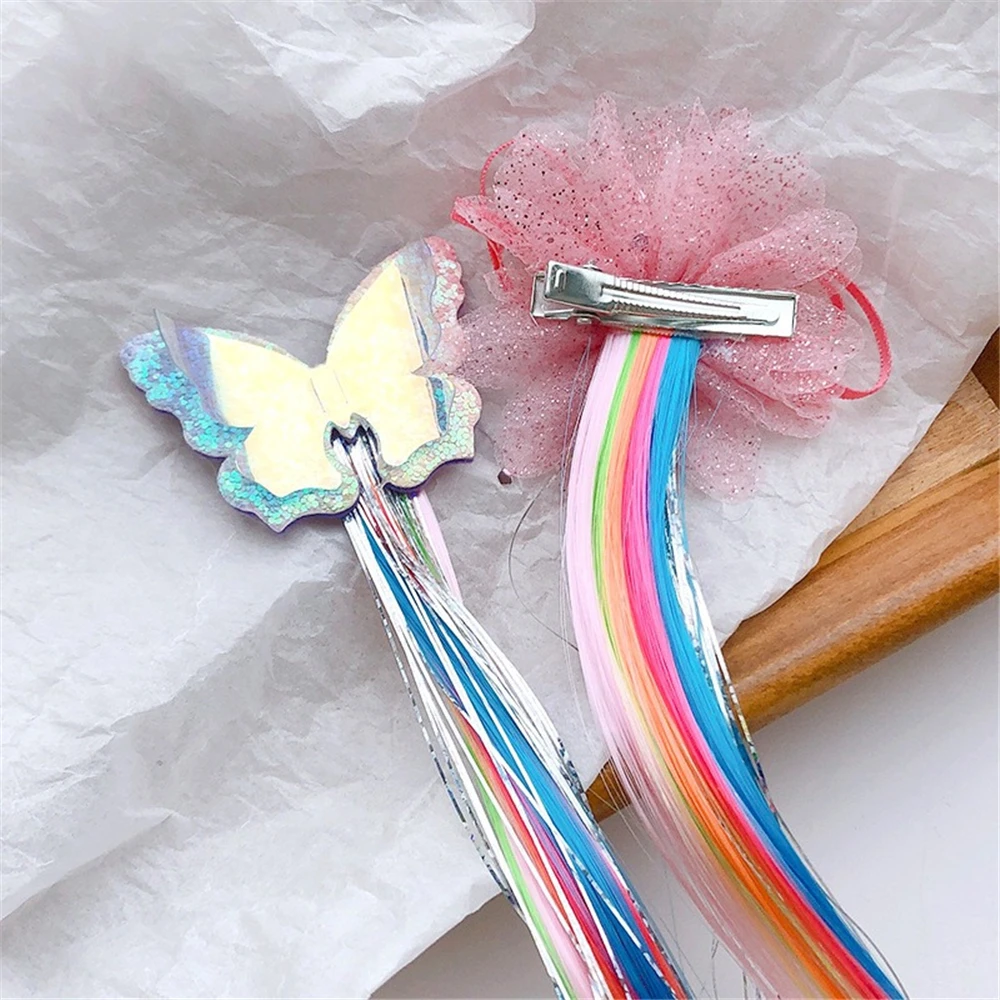 Colorful Bowtie Hair Clips for Girls Rainbow Glitter Wings Hair Bows Unicorn Princess Kids Long Wig 5
