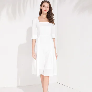 

White Square Collar Waist Dress Women Summer 2019 New Knee-Length A-Line Half Sleeve Elegant Highlight Temperament Grace