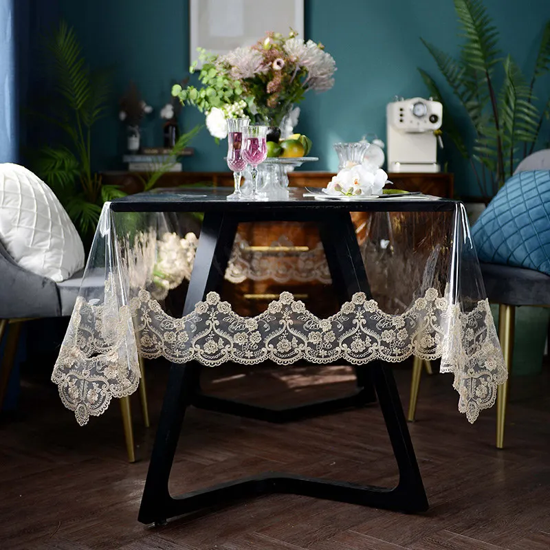 Soft Glass Transparent Dining Rectangular Tablecloth PVC Waterproof Birthday Coffee Table Cover Party Embroidery Lace Decoration