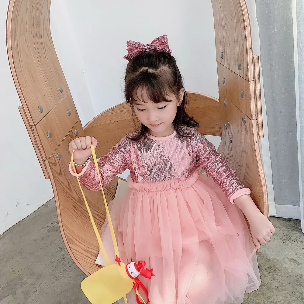 Новинка года, стильное розовое платье с пайетками для девочек Детские платья-пачки принцессы для свадебной вечеринки, детская заколка для волос От 1 до 10 лет, E81230