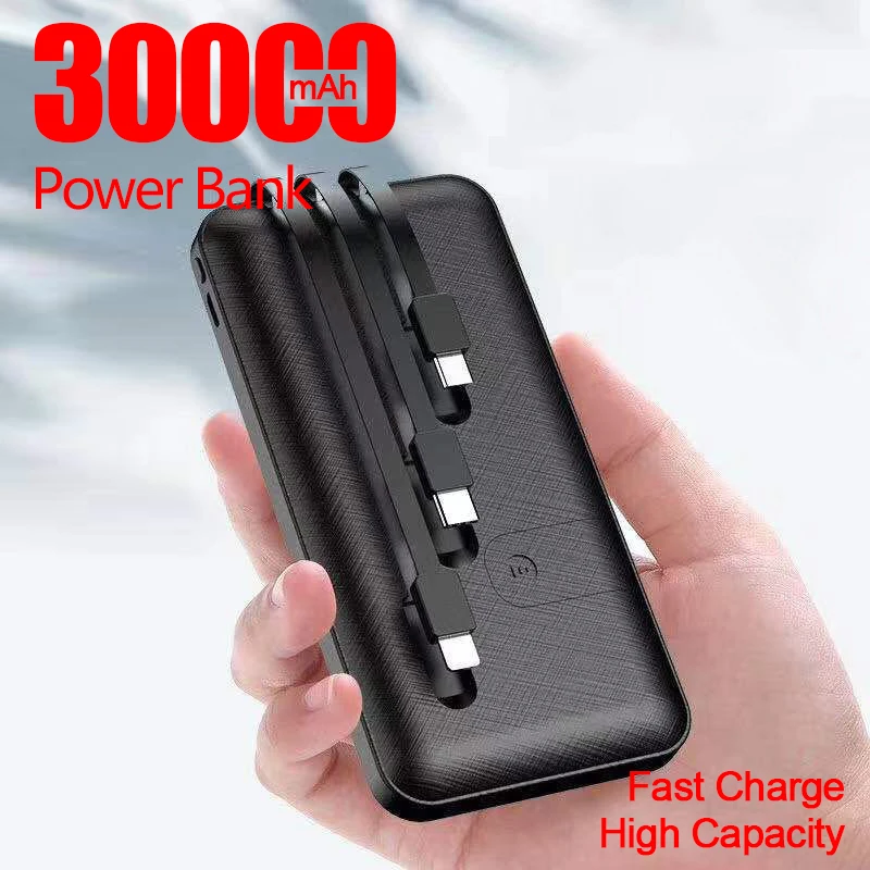 

30000mAh Power Bank Fast Charger Portable Powerbank Built in 3 Cables External Battery Charger For Smart Phone Mi Poverbank