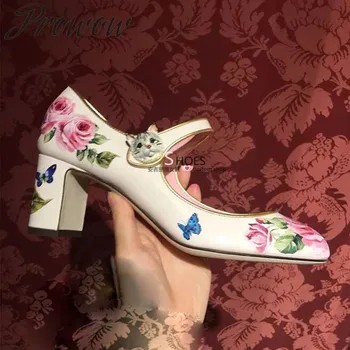 

Prowow New Spring Summer Genuine Leather Printed Floral Butterfly Women Pumps Round Toe Cute Cat Buckle Strap HIgh Heel Pumps