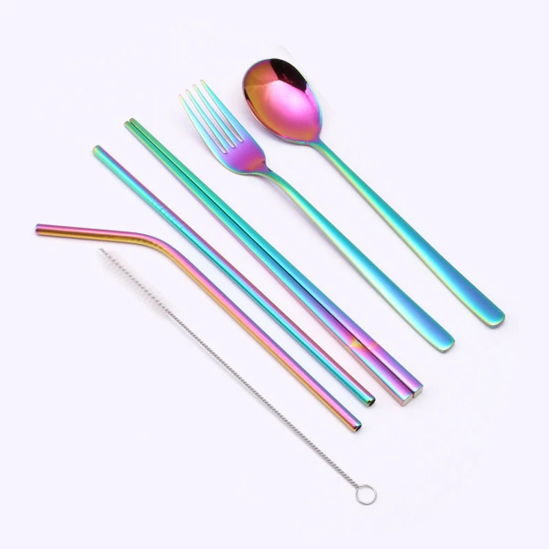 

Non Fading Colorful Spoon Fork Straw Brush Chopsticks Tableware Dinnerware Kit
