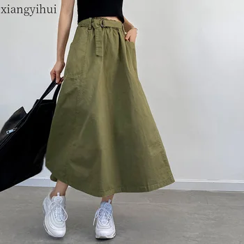 

Harajuku Style Long Cargo Skirt Women Black Army Green High Waist Sashes Skirts 2020 Autumn Winter Elastic Pocket Skirt Ladies