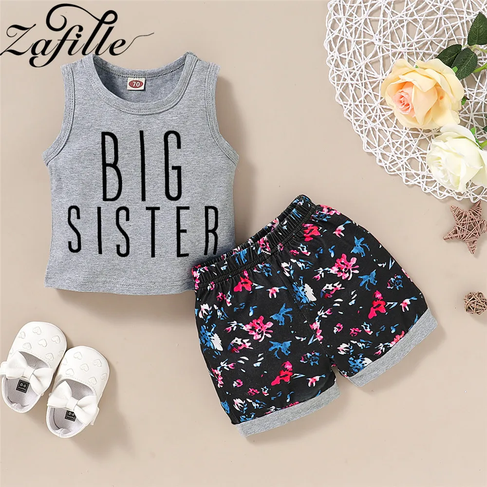 

ZAFILLE Baby Girl Clothes 2020 New Summer 2Pcs Letter Printed Sleeveless Top+Floral Printed Shorts Girls Toddler Outfits Sets