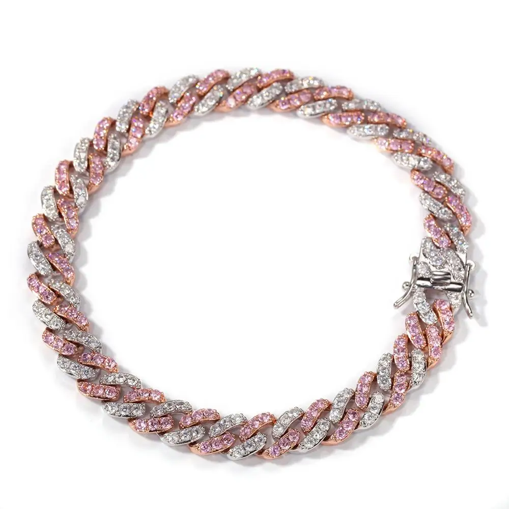 8 мм широкий розовый AAA инкрустация кубическим цирконием кубинские браслеты-цепочки в виде звеньев, роскошные мужские и женские браслеты в стиле хип-хоп, украшенные фианитами, ювелирные изделия
