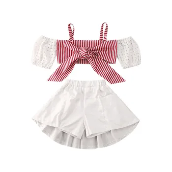 

Pudcoco US Stock 1-6 Years Baby Girl Clothing Short Sleeve Patchwork Striped Lace Shirt Top Pant Skirt Girl Summer Clothing