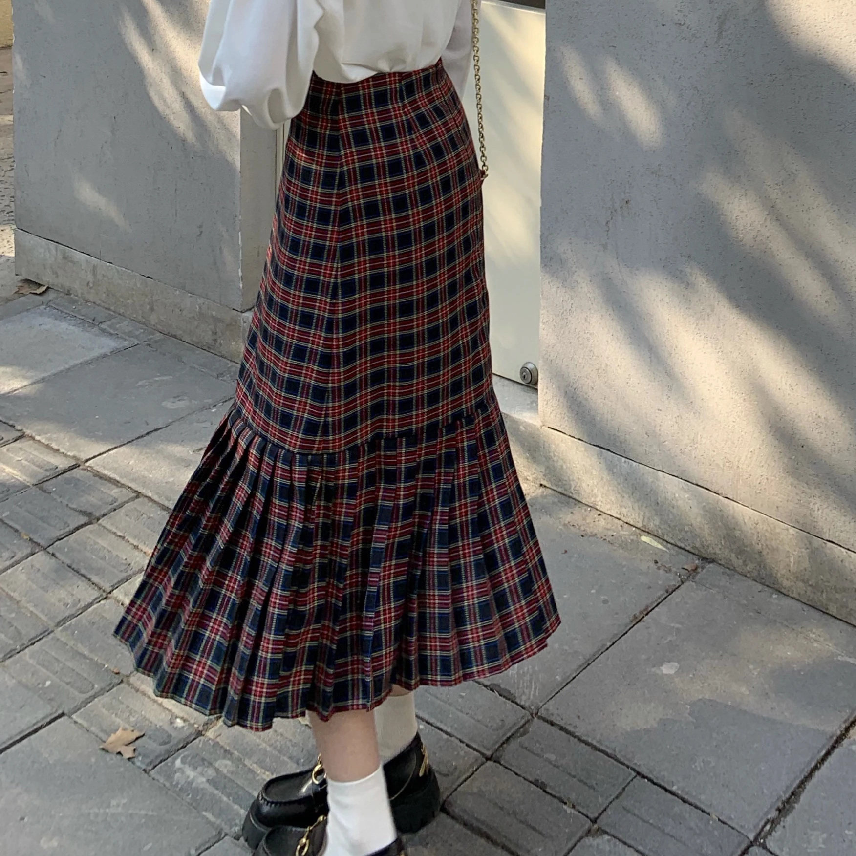Autumn Winter Women Long Plaid Skirt Fashion Vintage Red Plaid Pleated