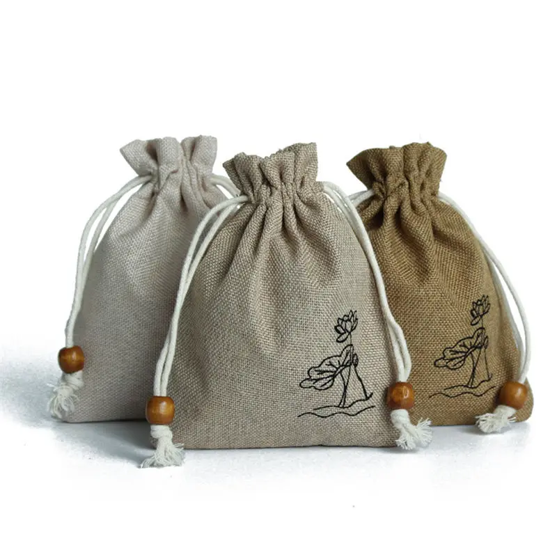 Chinese Style Lotus Linen Jute Fabric Gift Storage Bag Drawstring Pouch Package Jewelry Candy Tea Sundries Bags Travel Organizer 2