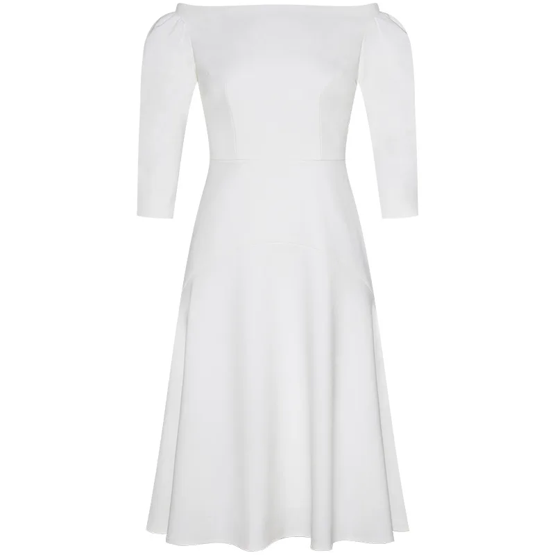 

HUAYIMENGYI New Fashion Elastic Slash Neck Solid White Dress Half Sleeve A Line Elegant Women Evening Party Knee-Length Dresses