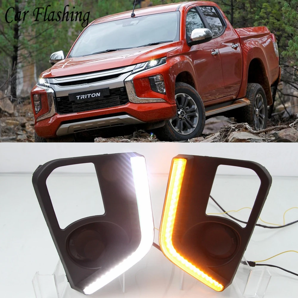 

Car Flashing 1Set For Mitsubishi Triton L200 2019 LED DRL Daytime Running Lights Fog Lamp Cover with Yellow Turn Signal Lamp