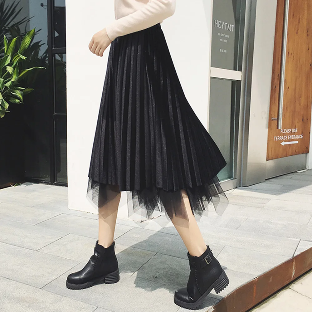 

Spring 2020 Women High Waist Asymmetric Mesh Velvet Skirts Elegant Sweet Patchwork Mid-Calf Pleated All Season Skirt Solid Color