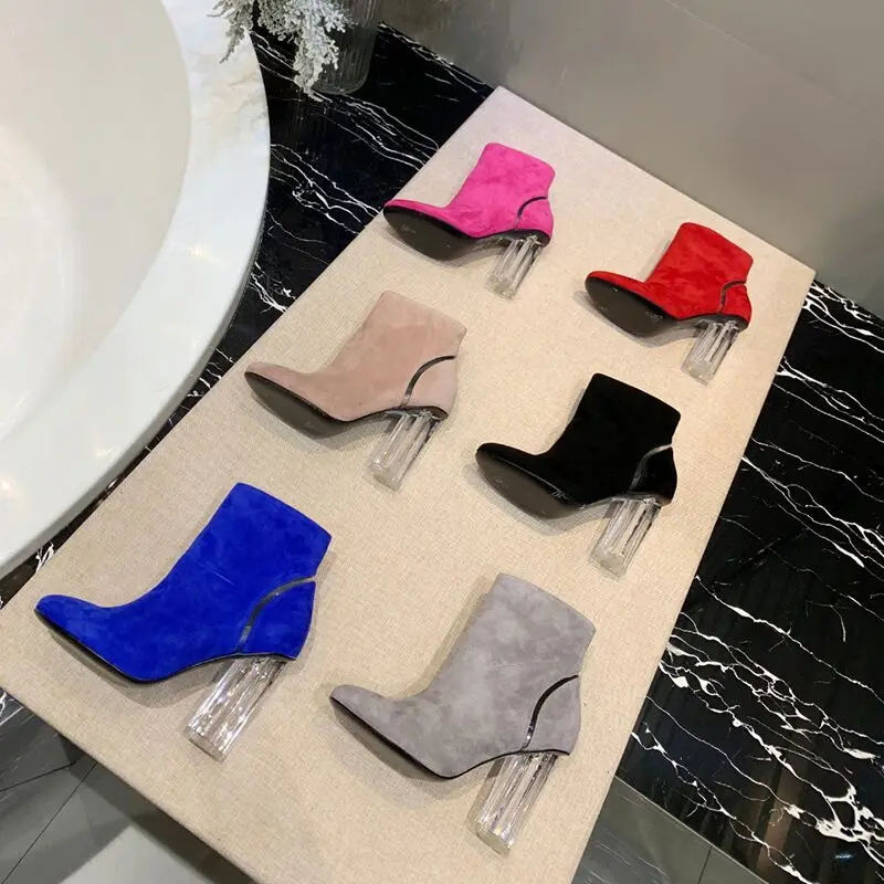 

Hot Women Ankle boots Suede Winter Autumn Fashion Lady Transparent High Heels Pumps Women Botas Shoes Mujer Zapatos